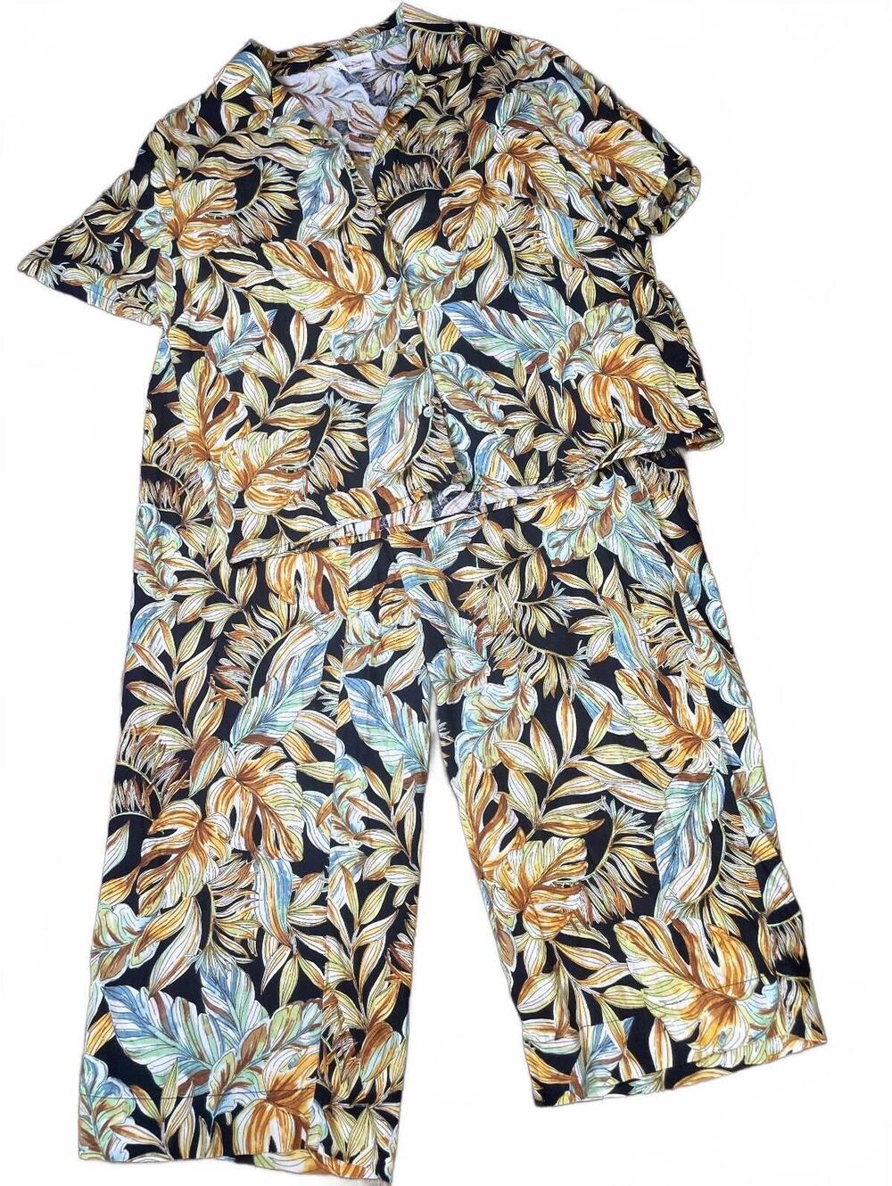 Panama Jack 2 piece black & floral boho beach linen crop pant suit women XL EUC